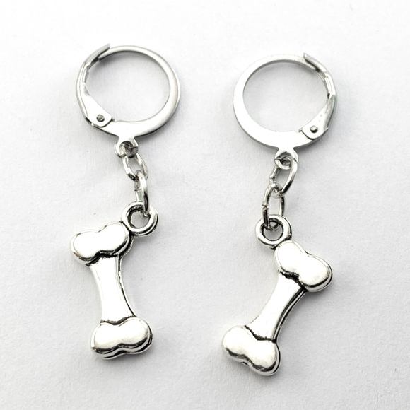 Stainless Steel Hoop Dog Bone Earrings - Picture 2 of 4